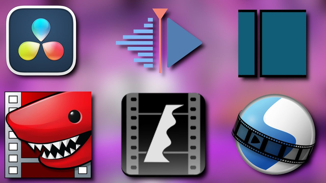 A set of video editors logos. DaVincir Resolve a dark-blue rectangle with rounded corners and a light grey border. Featuring 3 coloured rain drops pointing to each other in the center. One is blue, red and one yellow. Kdenlive which consist of a grey-blue triangle pointing to the right resembling a play button icon. A light-red slider bar to it's left looking like a position marker in a timeline followed by multiple little light-blue horizontal bars different in length resembling a track list. Shotcut: Which consist of two grey-blue rectangles with a black border and a little bit of space between them. The one to the right is about 3 times the size of the one to the left. Also the black border is cut off to the far left and far right side. They resemble two video clips next to each other. Lightworx a red cartoon styled head of a shark looking to the left. It shows it sharp white teeth and seems to smile. Also it has a black circle with a light reflection as an eye. The sharks face is in front of a classic video strip of a classic film roll. Which has grey sides and also a dark-red background. Flowblade: A classic film strip of a classic film roll with a grey-blackish background and light-grey borders dividing the individuals frames of the film strip. On top of it there is a white blade like abstract symbol with one straight edge and one in wave form. OpenShot a globe where also a classic film strip is strapped around it like an equator.