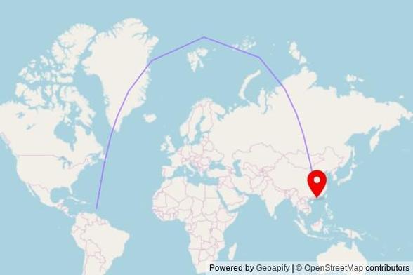 A map showing the great circle route from Castries in Saint Lucia to a map pin at St. Lawrence Church, 風順堂街 Rua de S. Lourenço, 下環 Praia do Manduco, Municipality of Macau, 519000 Macau, China