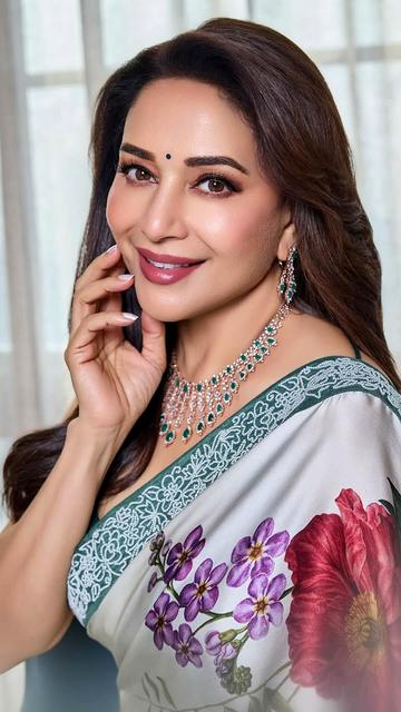 Draped in a white floral saree by Aisha Rao, Madhuri Dixit added charm to the PNG Jewellers event. The subtle hues and delicate details of the saree perfectly matched her timeless elegance.
