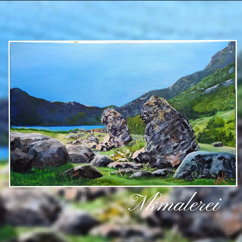 Ein Gemälde Acryl,50x70 cm ,Meine Interpretation von einem Fundstück .Ein Felsen der 2 Gesichter zeigt.Ich nenne das Bild " Was wir sind"