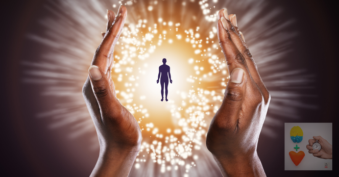 Branded art for my free weekly newsletter. A pair of Black hands are held up in a “shell” position of clasping a bright orb of light suspended between them. Within the orb is the silhouette of a human being.
