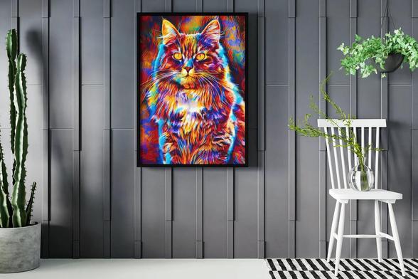 Colorful painting of a cat on the wall