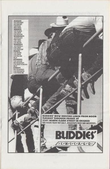Black and white advertisement for Buddies restaurant in Chicago, featuring people in western wesr sitting on a fence and restaurant hours.