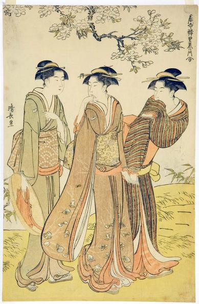 Woodblock print of young women in furisode.

Image thanks - https://ja.ukiyo-e.org/