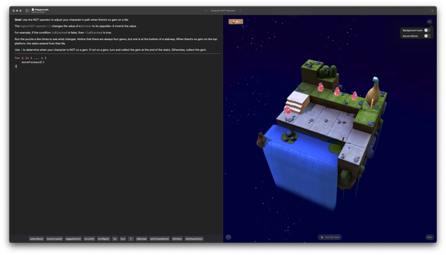 Screenshot from Swift Playgrounds showing an explanation of the puzzle. The salient point (because the explanatory text can't be selected and copied), is the phrase "Blocked" is introduced as a testable condition, which is not explained in any way.