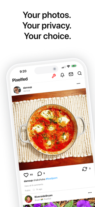Pixelfed app store screenshot, with text that says:

Your photos.
Your privacy.
Your choice.