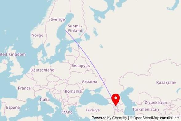 A map showing the great circle route from Kristinestad in Finland to a map pin at Haghartsin Monastery, Հ-51, Tavush Province, Armenia