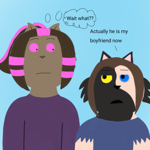 Drawing of Nova genuinely looking surprised at Cinder as Cinder says "Actually he is my boyfriend now" and Nova says "Wait what??"