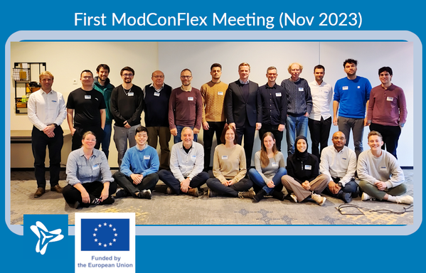 Group picture of the ModConFlex project's researchers and supervisors taken in a seminar room. Some sitting on the floor, some standing.