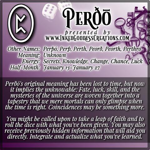 Black and white text is overlaid on a purple background. In the top right corner, several antique keys are haphazardly arranged in a pile. The text defines the Norse rune Perðō/Perth and its runic half-month, the rune's symbolism and magickal interpretation, and what to expect during this time. Presented by Inked Goddess Creations.