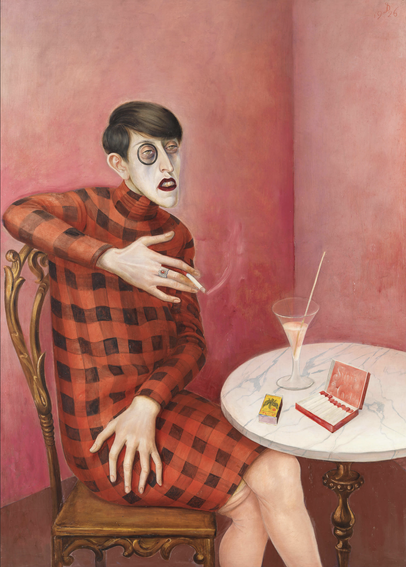Ein im Stil der neuen Sachlichkeit gemaltes Bild. Vorwiegend Rottöne. Eine Frau in einem schwarz-rot karierten Kleid sitzt mit übergeschlagenen Beinen und Monokel im Auge an einem Caféhaus-Tisch und raucht. Auf dem Tisch ein Cocktailglas, Streichhölzer und eine Packung Zigaretten.