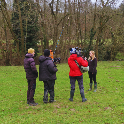 Behind the scenes photo of the filming for Shropshire Wildlife Trust's feature on BBC CountryFile, highlighting our Slow the Flow 2 project.