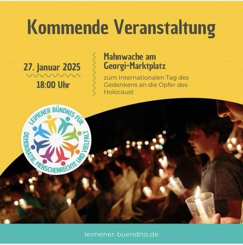 Kommende Veranstaltung

27. Januar 2025 18:00 Uhr

Mahnwache am Georgi-Marktplatz in Leimen zum Internationalen Tag des Gedenkens an die Opfer des Holocaust.

Leimener Bündnis für Demokratie, Menschenrechte und Vielfalt