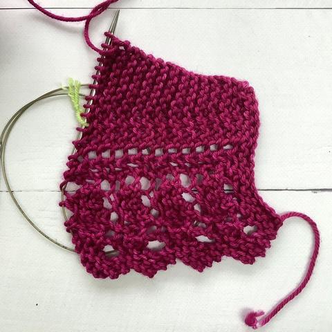 Flat lay view of the start of a knitting project, featuring garter stitch and lace on a circular needle. It's shown on a white plank background.
