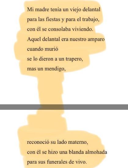 Mi madre tenía un viejo delantal para las fiestas y para el trabajo, con él se consolaba viviendo.
Aquel delantal era nuestro amparo
cuando murió
se lo dieron a un trapero, mas un mendigo,
reconoció su lado materno, con él se hizo una blanda almohada para sus funerales de vivo.