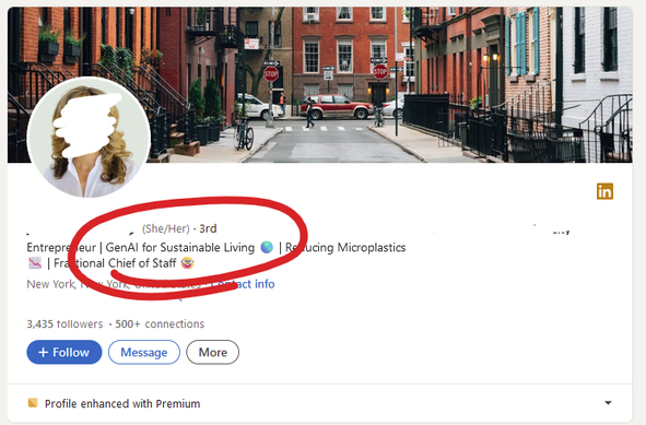 Some dipshit's LinkedIn profile. I've blanked out all the identifiable bits and bobs but outlined the bit where it says "GenAI for Sustainable Living".

Ironically, she's also very keen on reducing microplastics.