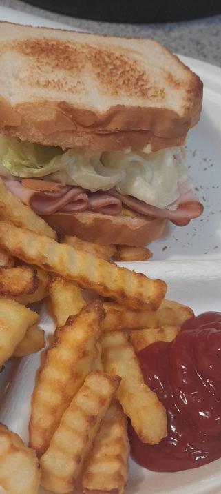 Ham sandwich on a paper plate with fries and ketchup