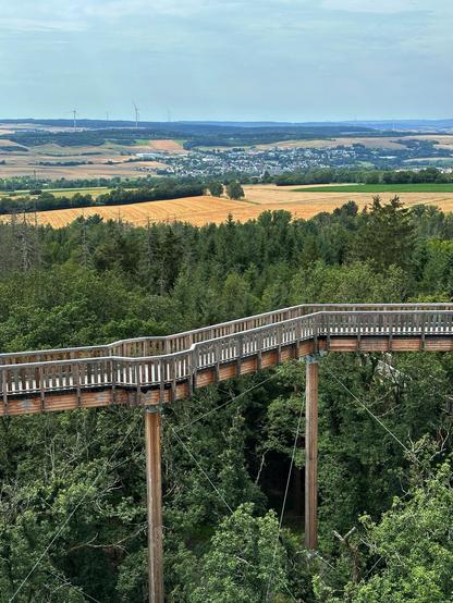 Ausblick von einem erhöhten Standpunkt des Pfades. Im Vordergrund erkennt man den hölzernen Steg des Pfades, der hoch über den Baumwipfeln verläuft.
Im Hintergrund erstreckt sich eine weite Landschaft mit Feldern, Waldern und einer Ortschaft.