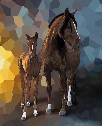 Warmed by The Suns Rays - Paris and Foal by Joan Stratton -
 https://paintingsbyjoan.com/

A horse and its foal are depicted standing side by side, surrounded by a polygonal background with shades of yellow, brown, and blue. The scene creates a warm, protective atmosphere highlighting the bond between the animals.

RBH Paris is her competition name, she is from Germany and resides at RBH Park - Warmblood breeders & producers of horses for a Show jumping market, in the heart of North East Victoria :)

Ether Art – A hand-drawn drawing / painting using the exciting modern art form, where art is created from scratch using a computer in lieu of a real canvas and paint, water colour, pastel, pencil, charcoal etc I create digital art from the ether, exactly the same as if I was starting with a blank canvas.

More of my horse collection via link https://joan-stratton.pixels.com/collections/horses

#horses