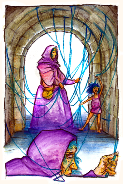 Watercolor pencil drawing of a girl, a woman and an elderly woman, standing in a stone alley, under an arch. blue tangled threads are dandling from the ceiling and the walls, and the three are arranging them.
