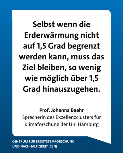 Prof. Johanna Baehr, Sprecherin des Exzellenzclusters für Klimaforschung der Uni Hamburg: "Selbst wenn die Erderwärmung nicht auf 1,5 Grad begrenzt werden kann, muss das Ziel bleiben, so wenig wie möglich über 1,5 Grad hinauszugehen."