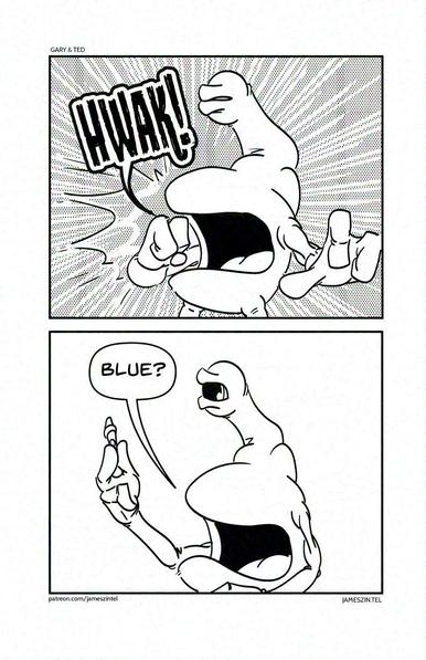 Gary the alien coughs up a crayon only to be confused by the colour.