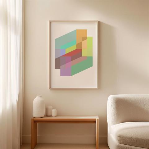 Foto met een art print aan de muur. De art print is een geometrisch grafisch ontwerp met groen en bruintinten