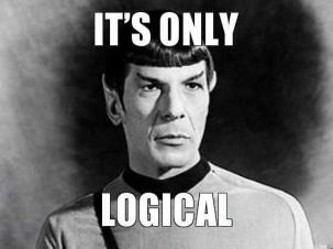 A black and white portrait of Leonard Nimoy as Spock with the words "IT'S ONLY LOGICAL" written on it in all caps.