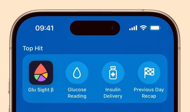 The image shows a smartphone interface with a blue background under the title “Top Hit.” It contains four circular icons representing different Siri Shortcuts functionalities:
	1.	Glu Sight: A multicolored pie-chart-style app icon representing the Glu Sight beta application.
	2.	Glucose Reading: A droplet icon, likely signifying blood glucose readings.
	3.	Insulin Delivery: A medical vial icon, likely representing insulin tracking.
	4.	Previous Day Recap: A checkered flag icon, symbolizing a summary or recap of the previous day’s data.