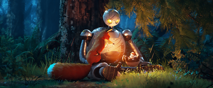 Shot from The Wild Robot, of the robot, and his companions the Fink, the fox, and Brightbill the orphan goose