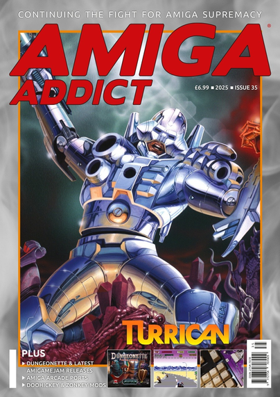 Front cover of Amiga Addict Issue 35, featuring the original artwork from Turrican 2