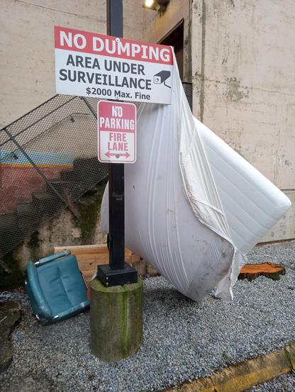 sign reading 'no dumping: area under surveillance' and there is a dumped mattress hanging by its sheet from it