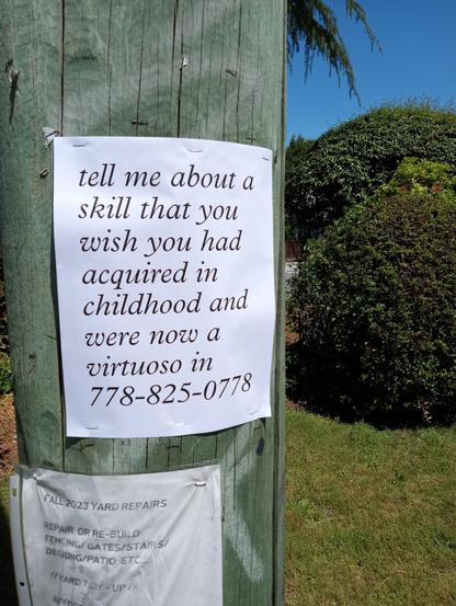poster on telephone pole reading: 'tell me about a skill that you wish you had acquired in childhood and were now a virtuoso in 778-825-0778'