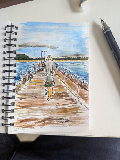 Watercolor/ink sketch of a woman in a hat pushing a pram on a pier