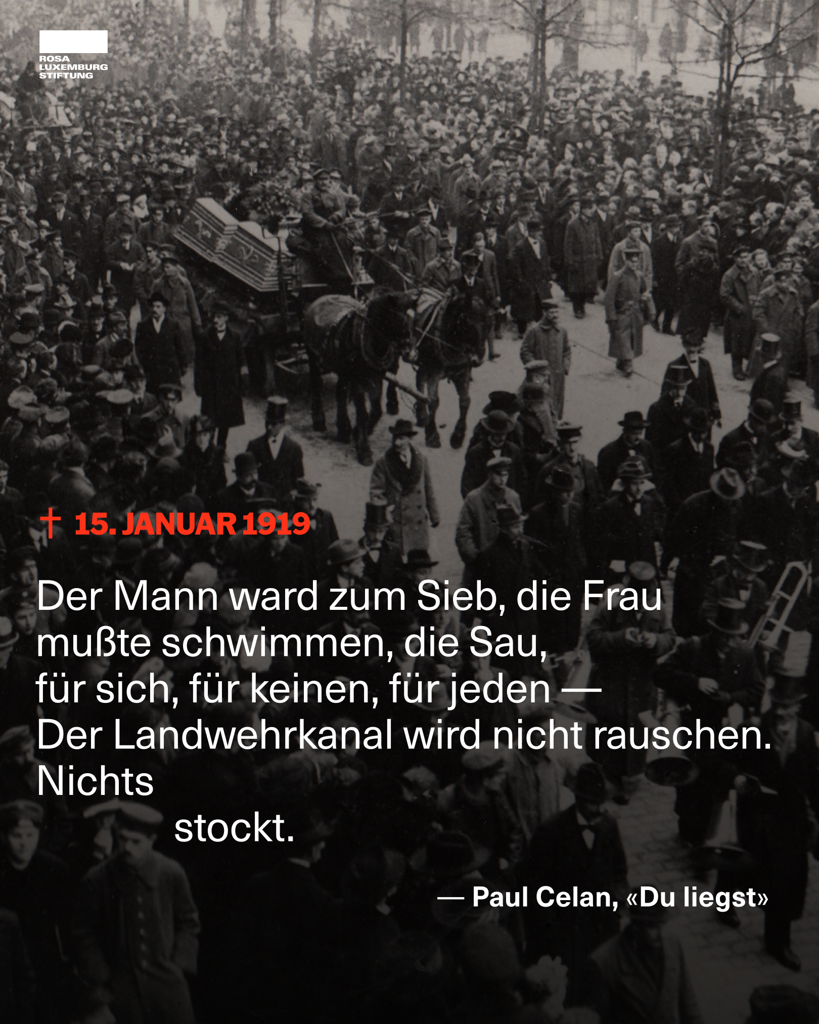 Sharepic mit dem Text: 15. Januar 1919.      
"Der Mann ward zum Sieb, die Frau 
mußte schwimmen, die Sau, 
für sich, für keinen, für jeden —   
Der Landwehrkanal wird nicht rauschen. 
Nichts [Umbruch, lange Pause] stockt."
— Paul Celan, «Du liegst».