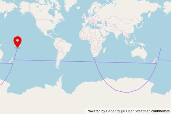 A map showing the great circle route from Cape Agulhas Local Municipality in South Africa to a map pin at Apia Samoa Temple, Lotopa Road, Apia, Samoa