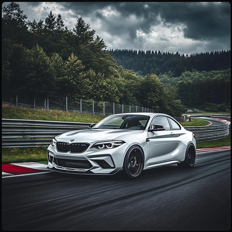 Result of a midjourney prompt. A white BMW F87 competition like M2 photorealistic at Brünnchen Nordschleife. 