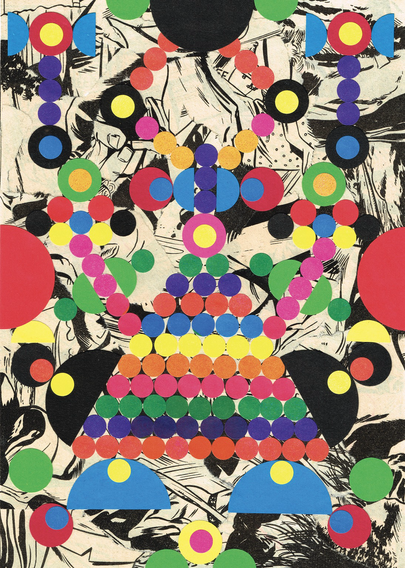 Collage réalisés à partir de pastilles de différentes couleurs et de vieilles BD