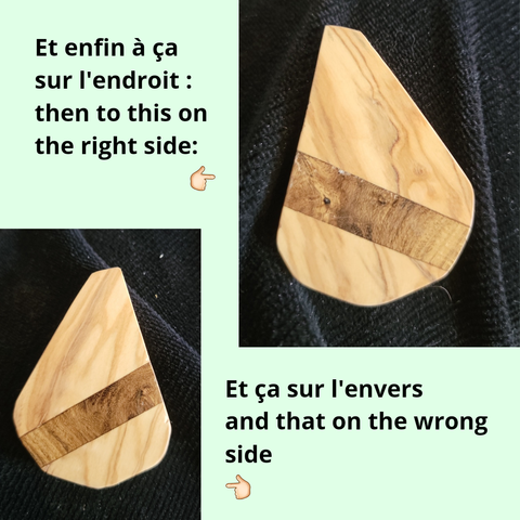 L'assemblage a été retaillé pour ressembler à une goutte, l'inclusion est placée de manière transversale en bas. Sur l'endroit les veines des deux bois forment des formes intéressantes, sur l'envers, elles sont moins originales.
The jewel has been cut in the form of a droplet. The golden chain wood inclusion is transversal, on the lower half. On the right side, the grain of the wood has interesting forms, less so on the wrong side.