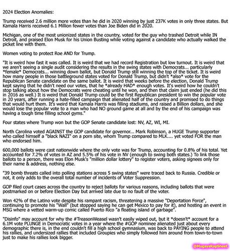 Links (copy/paste):
Politics Girl listing anomalies:
https://www.youtube.com/watch?v=Kmeo6eGy1wI&t=2014s
Video of people leaving Trump rally early:
https://www.msn.com/en-us/news/politics/rally-goers-leave-in-droves-after-trump-is-3-hours-late/vi-AA1sWVIZ)
Under/Over votes:
https://substack.com/inbox/post/151721941
Musk's "lottery" collecting only names & addresses:
https://substack.com/inbox/post/151721941
Fake Firefighters and Union Workers being PAID to appear behind Trump at rallies in the final days:
https://www.meidasplus.com/p/fake-firefighters-and-union-workers
Groupies following him around the country to make his rallies look bigger:
https://mastodon.social/@MugsysRapSheet/112909045973482971
https://mastodon.social/@MugsysRapSheet/113050947268990791
https://mastodon.social/@MugsysRapSheet/113051011770803720
List of Voter restriction lawsuits across the country filed by the GOP:
https://www.washingtonpost.com/politics/2024/09/10/mail-voting-pennsylvania-trump-republicans/