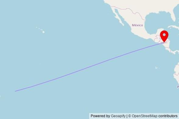 A map showing the great circle route from Apia in Samoa to a map pin at Iglesia de El Paraíso, 3a Avenida, El Paraíso, Honduras