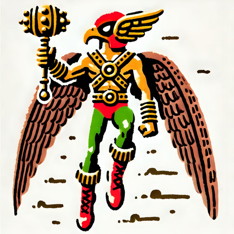 Hawkman - a highly underrated superhero with a winged harness, red trunks and boots, and a helmet that looks like a winged bird head, including a beak. He is flying upward, carrying a knobby-headed mace that looks like it would do a real Gallagher on a bad guy's melon head.