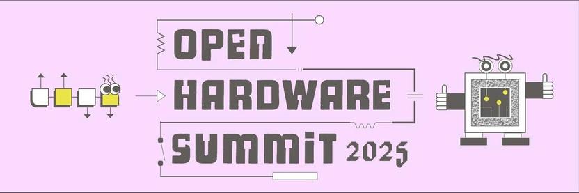Banner image for "Open Hardware Summit 2025" with decor resembling circuit diagrams.
