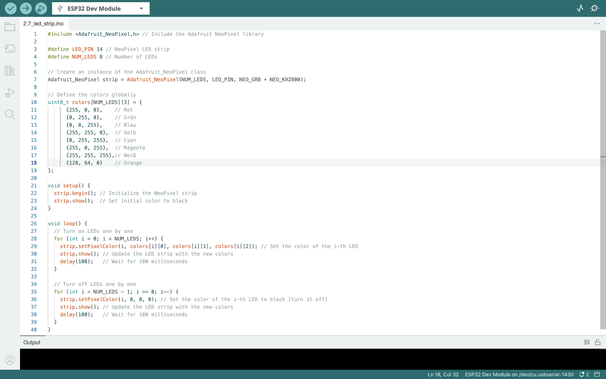 Ein C++ Code, welcher einen LED Strip so ansteuert, dass acht Farben nacheinander leuchten und verschwinden. Der Coe steht innerhalb der Arduino IDE.