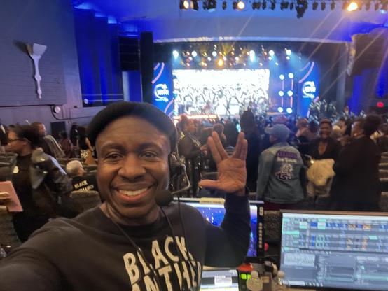 Me holding up the Star Trek Vulcan Salute in from of screens HQ at the end of a very long night of Screens Producing at the filming the 2nd Annual HBCU Honors Awards.