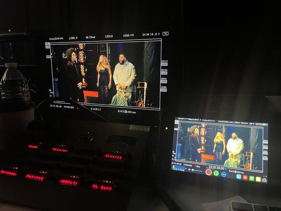 A behind the scene pic of the judges from Rhythm + Flow Season 2 taken from my screen designer station backstage.