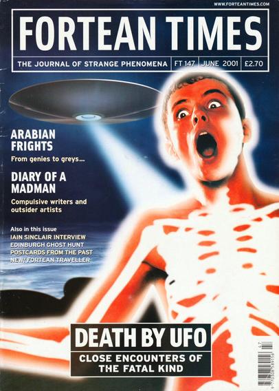 The front cover of Fortean Times: The Journal of Strange Phenomena No 147 for June 2001, featuring cover art of a young lad zapped by a flying saucer such that his bones are visible, to illustrate the main article "Death by UFO: Close Encounters of the Fatal Kind."