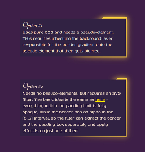 First two base options. They look pretty much the same, no grainy glow and no roundings, so the sharp opaque end of the rotating conic gradient  border doesn't look too great.
