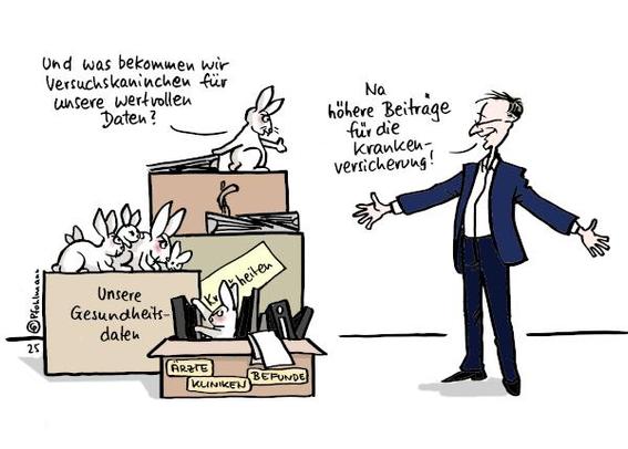 In der linken Hälfte sieht man verschiedene Kaninchen, einzeln oder als Familie, in und auf großen Kisten sitzend, welche mit "Gesundheitsdaten" oder Ähnlichem beschriftet sind. Manche Tiere kucken misstrauisch. Das Kaninchen ganz oben auf der größten Kiste fragt den rechts stehenden Gesundheitsminister Karl Lauterbach mit kritischem Blick: "Und was bekommen wir Versuchskaninchen für unsere wertvollen Daten?" Karl Lauterbach antwortet fröhlich: "Na höhere Beiträge für die Krankenversicherung!"