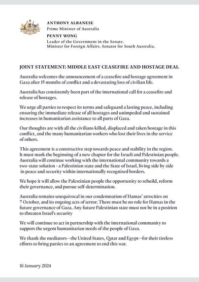 Albo's ceasefire deal for Gaza applause